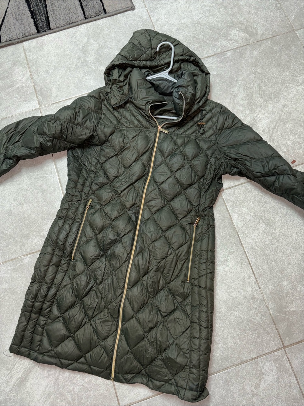 Michael Kors Olive Quilted Hooded Long Puffer Coat
